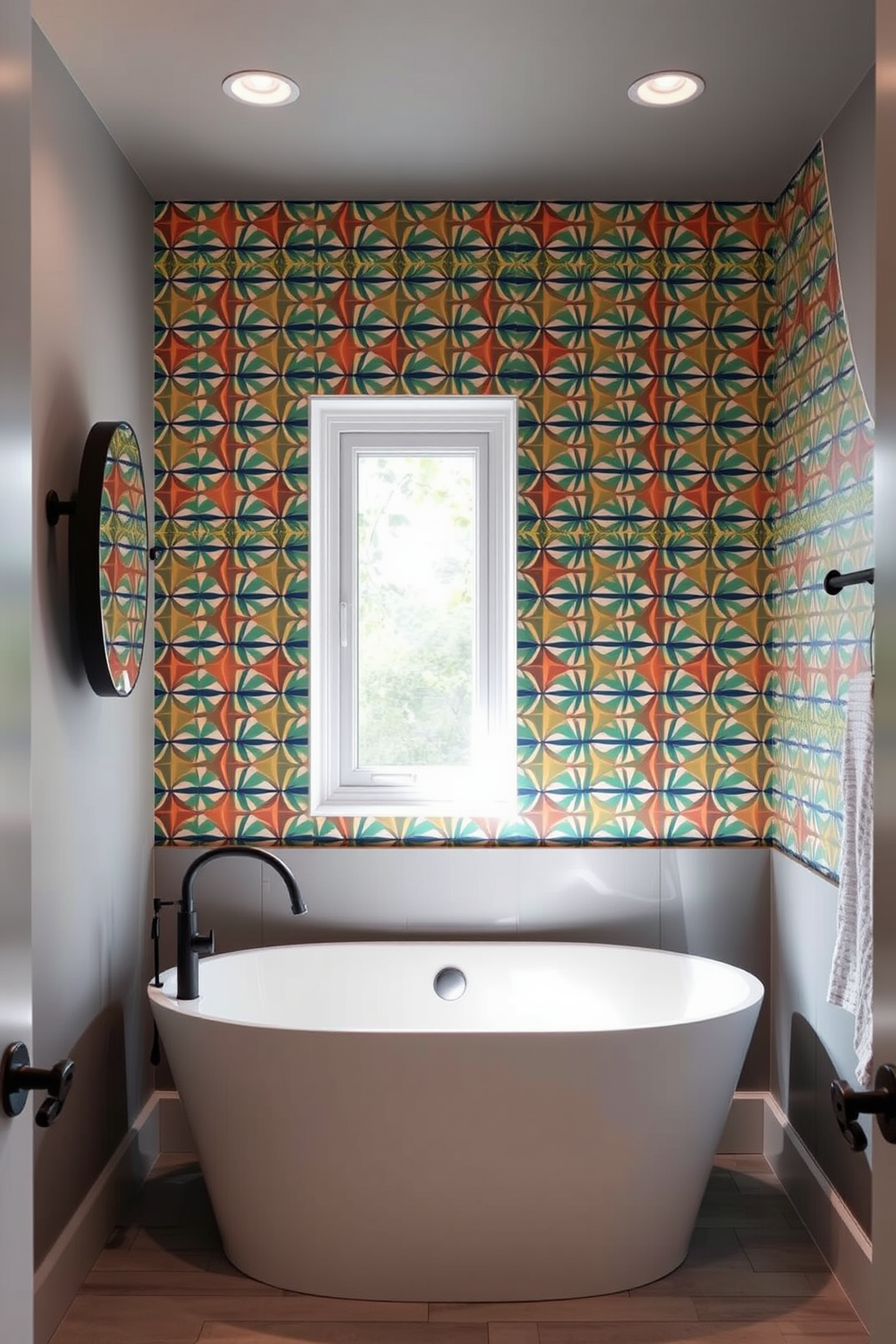 A bold wallpaper featuring a vibrant geometric pattern covers the statement wall, creating a striking focal point in the basement bathroom. The rest of the walls are painted in a soft gray to balance the boldness, while modern fixtures in matte black add a contemporary touch. A freestanding soaking tub sits elegantly in the corner, complemented by a sleek black faucet that contrasts beautifully with the wallpaper. Natural light filters in through a small window, enhancing the inviting atmosphere of this stylish basement retreat.