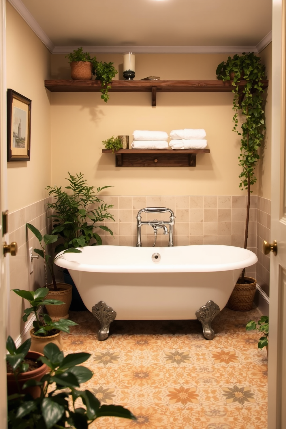 A cozy basement bathroom features vintage tile patterns that add a charming touch to the space. The walls are painted in soft beige, complementing the intricate designs of the tiles on the floor. A freestanding bathtub sits elegantly in the corner, surrounded by potted plants for a refreshing ambiance. Above the tub, a rustic wooden shelf displays neatly rolled towels and decorative candles.