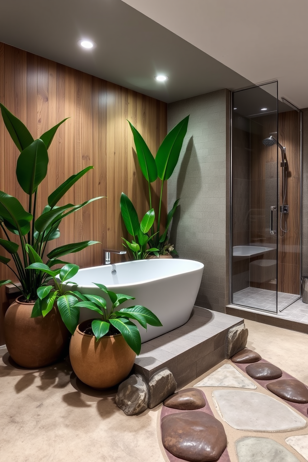 A spa-inspired basement bathroom design that features natural elements. The space includes a freestanding soaking tub surrounded by large potted plants and a wooden accent wall. Soft ambient lighting creates a serene atmosphere, complemented by a rain shower with a glass enclosure. The floor is covered in smooth river stones, enhancing the connection to nature.