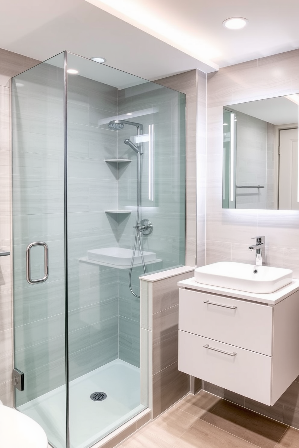 A compact shower with a sleek glass enclosure is the focal point of this basement bathroom. The walls are adorned with light gray tiles, enhancing the sense of space and brightness. Next to the shower, a modern floating vanity features a white sink and ample storage. Soft LED lighting highlights the clean lines and adds a warm ambiance to the room.