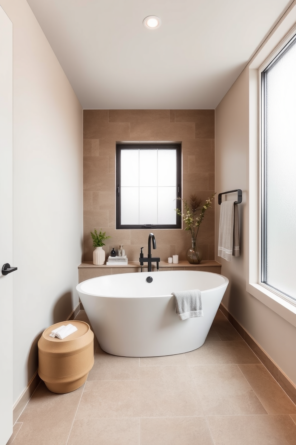 A serene basement bathroom designed with a neutral color palette. Soft beige walls complement the warm taupe tiles, creating a calming atmosphere. The space features a sleek freestanding bathtub surrounded by minimalistic decor. Natural light filters in through a frosted window, enhancing the tranquil vibe.