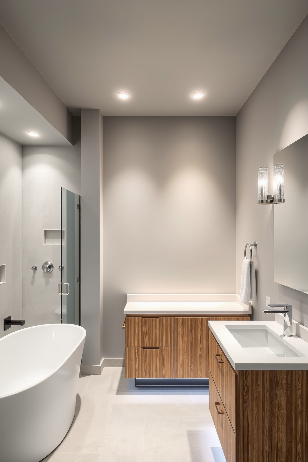 A modern basement bathroom featuring accent lighting that highlights the sleek lines of a freestanding tub. The walls are painted in a soft gray, and recessed lights create a warm glow around the shower area. A minimalist wooden vanity with a white countertop sits beneath a large backlit mirror. Decorative wall sconces provide additional illumination, enhancing the overall ambiance of the space.