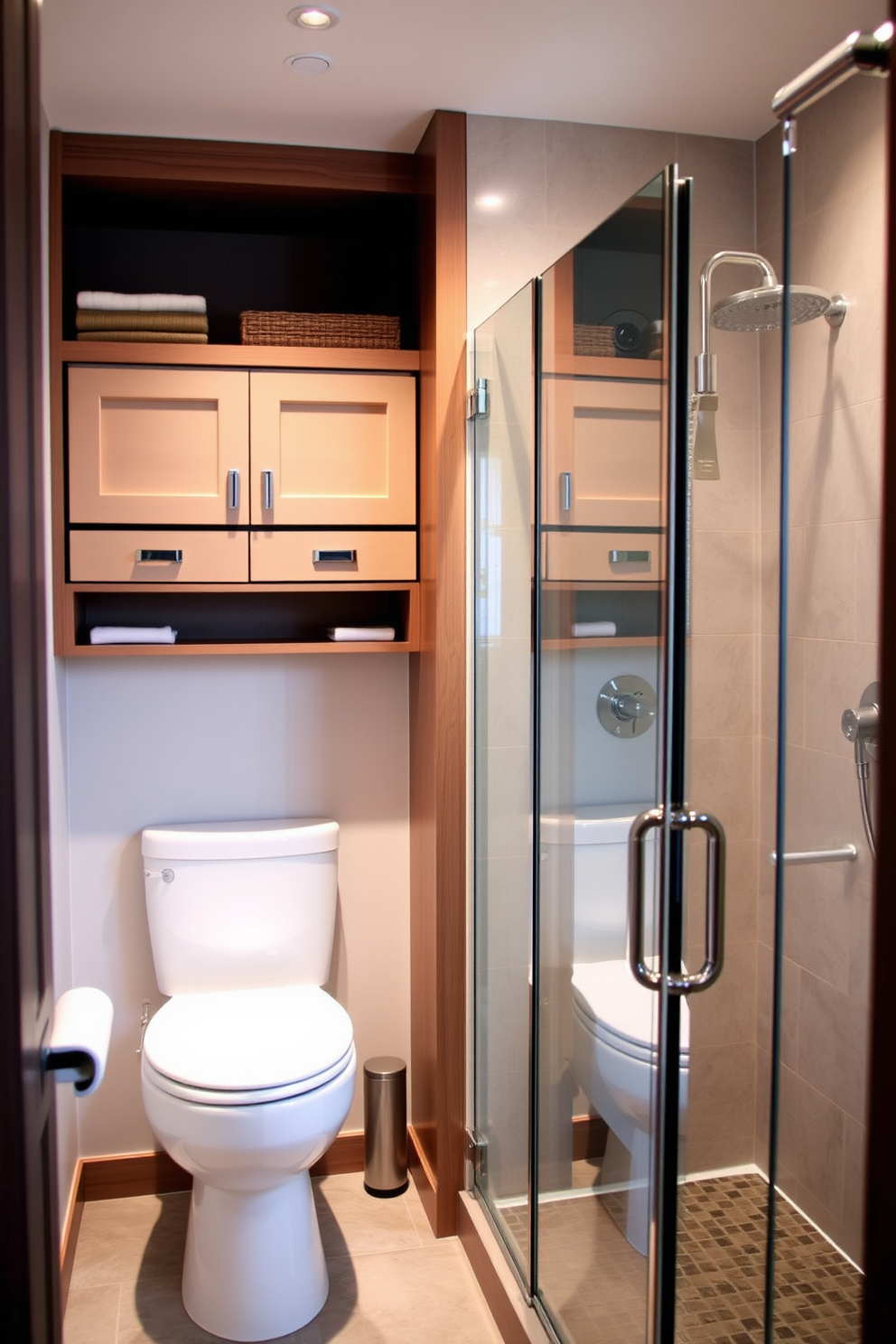 Creative storage solutions for small spaces. A compact bathroom features built-in shelving above the toilet, utilizing vertical space effectively. The cabinetry is designed with pull-out drawers and hidden compartments to maximize storage. Soft lighting illuminates the space, creating a warm and inviting atmosphere. Basement bathroom design ideas incorporate moisture-resistant materials for durability. A sleek, modern shower with glass doors enhances the feeling of openness in the room.