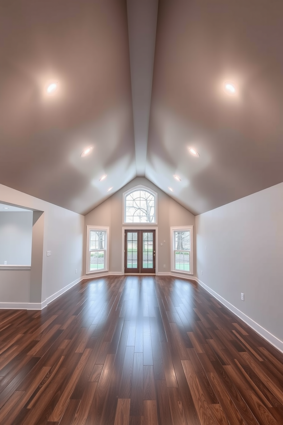 A modern basement design featuring a vaulted ceiling that creates an open and airy atmosphere. The walls are painted in a soft gray tone, and recessed lighting illuminates the space, enhancing the feeling of spaciousness. The floor is finished with dark hardwood, providing a warm contrast to the light walls. Large windows allow natural light to flood in, making the basement feel inviting and comfortable.