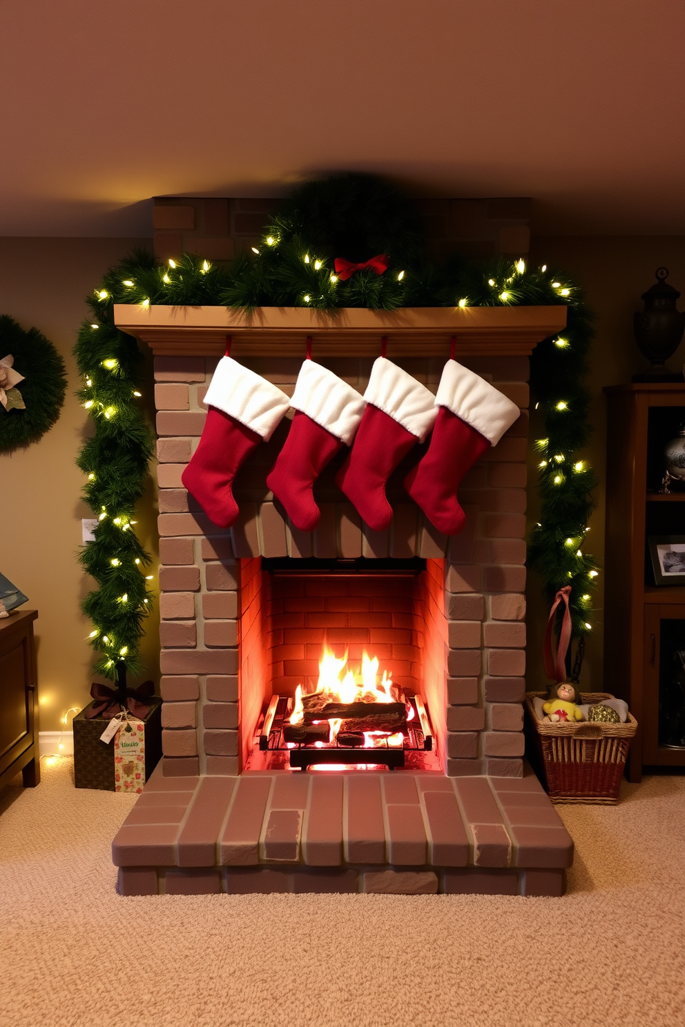A cozy fireplace is the focal point of the basement, adorned with festive stockings hung neatly above it. The surrounding area is decorated with twinkling fairy lights and a warm color palette, creating a welcoming holiday atmosphere.