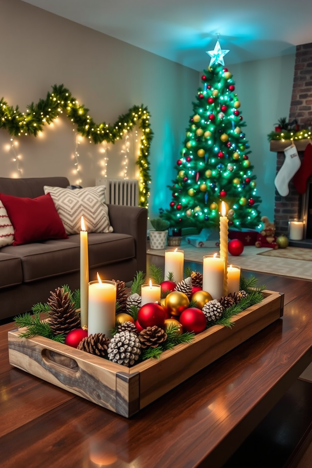 A holiday-themed coffee table centerpiece featuring a rustic wooden tray filled with a variety of seasonal decorations. There are pinecones, red and gold ornaments, and a cluster of small candles in varying heights, creating a warm and inviting atmosphere. The basement is adorned with festive garlands draped along the walls, and twinkling string lights enhance the cozy ambiance. A large Christmas tree stands in one corner, decorated with colorful baubles and topped with a shimmering star.