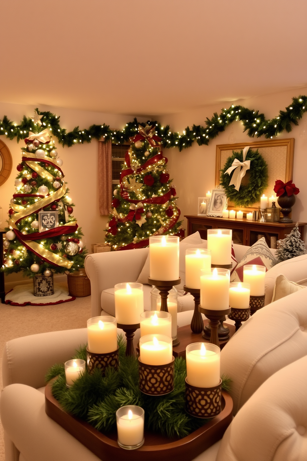 Create a cozy basement space adorned with candles in decorative holders that cast a warm glow throughout the room. The decor features festive Christmas elements, including a beautifully decorated tree and garlands draped across the walls.