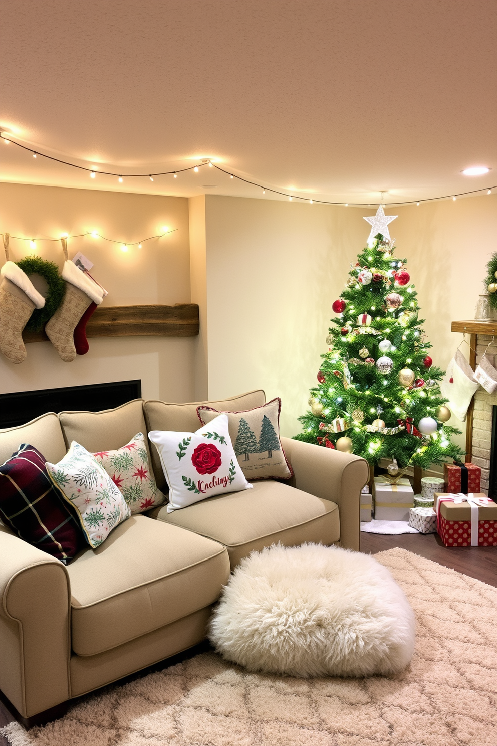 Seasonal throw pillows adorned with festive holiday motifs are scattered across a plush sectional sofa in a cozy basement living area. The warm glow of string lights drapes across the ceiling, creating an inviting atmosphere for family gatherings during the holiday season. A beautifully decorated Christmas tree stands in the corner, surrounded by wrapped gifts and a soft, fluffy rug. Stockings hang from a rustic mantel, adding a touch of charm and warmth to the festive basement decor.