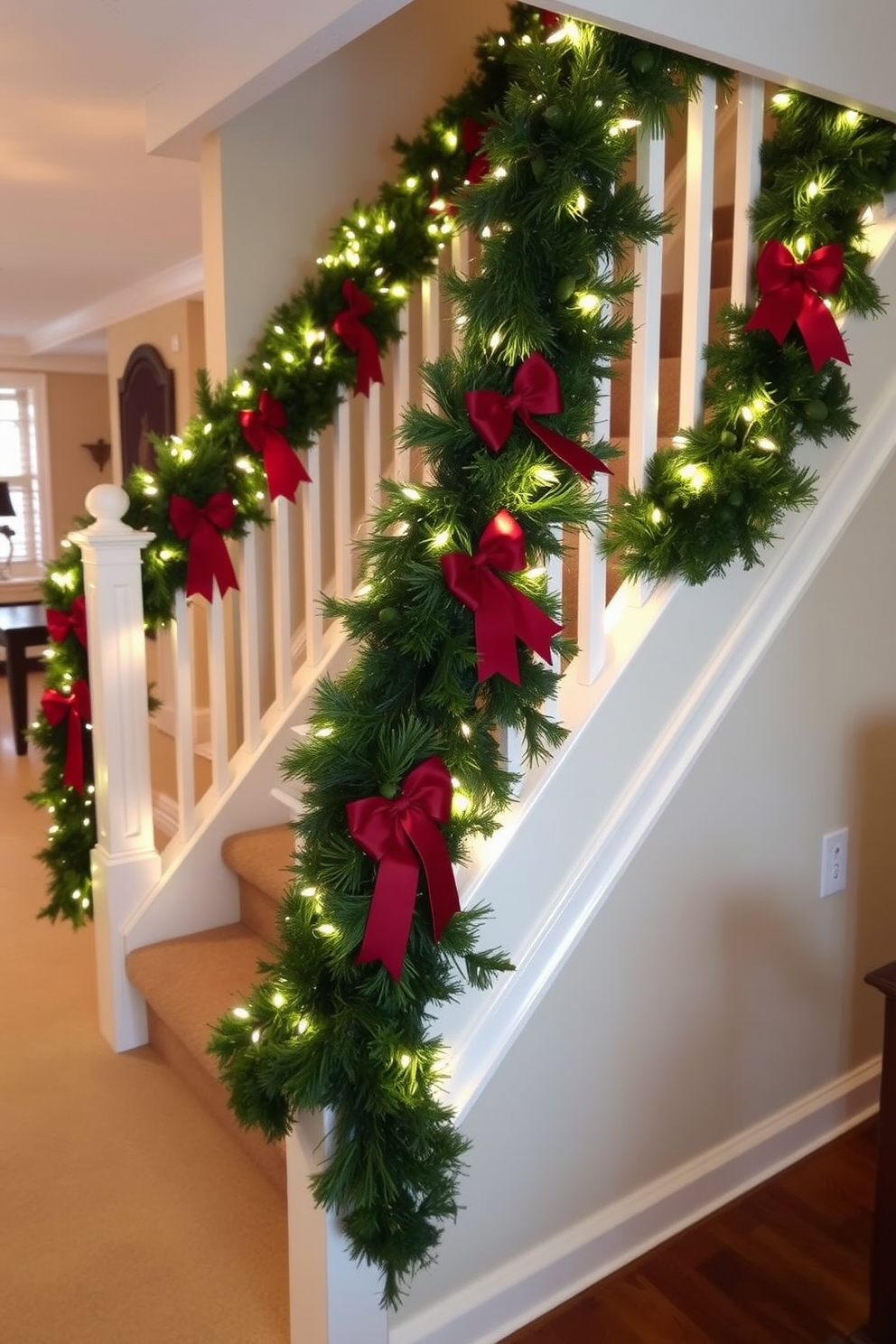 A festive basement setting adorned with garland elegantly wrapped around the stair railings. The garland is lush and green, interspersed with twinkling white lights and red bows, creating a warm and inviting atmosphere.