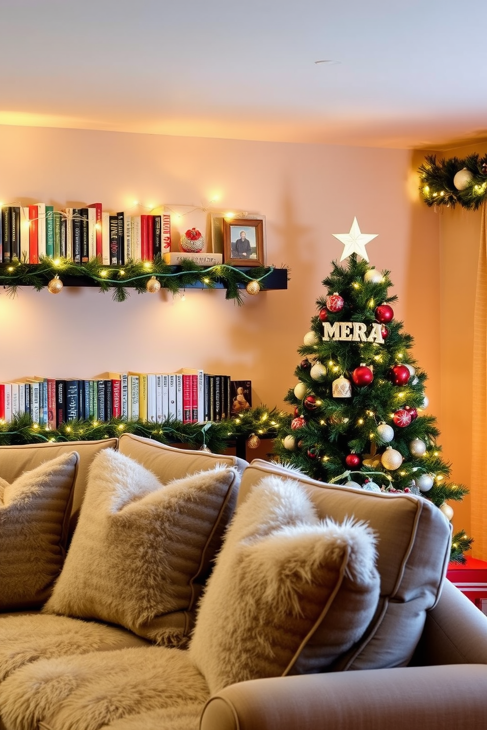 Christmas books displayed on a shelf create a cozy and festive atmosphere. The shelf is adorned with twinkling fairy lights and small decorative ornaments that add a touch of holiday charm. For basement Christmas decorating ideas, the space is transformed with warm lighting and festive garlands. A comfortable seating area is enhanced with plush throw pillows and a beautifully decorated Christmas tree in the corner.