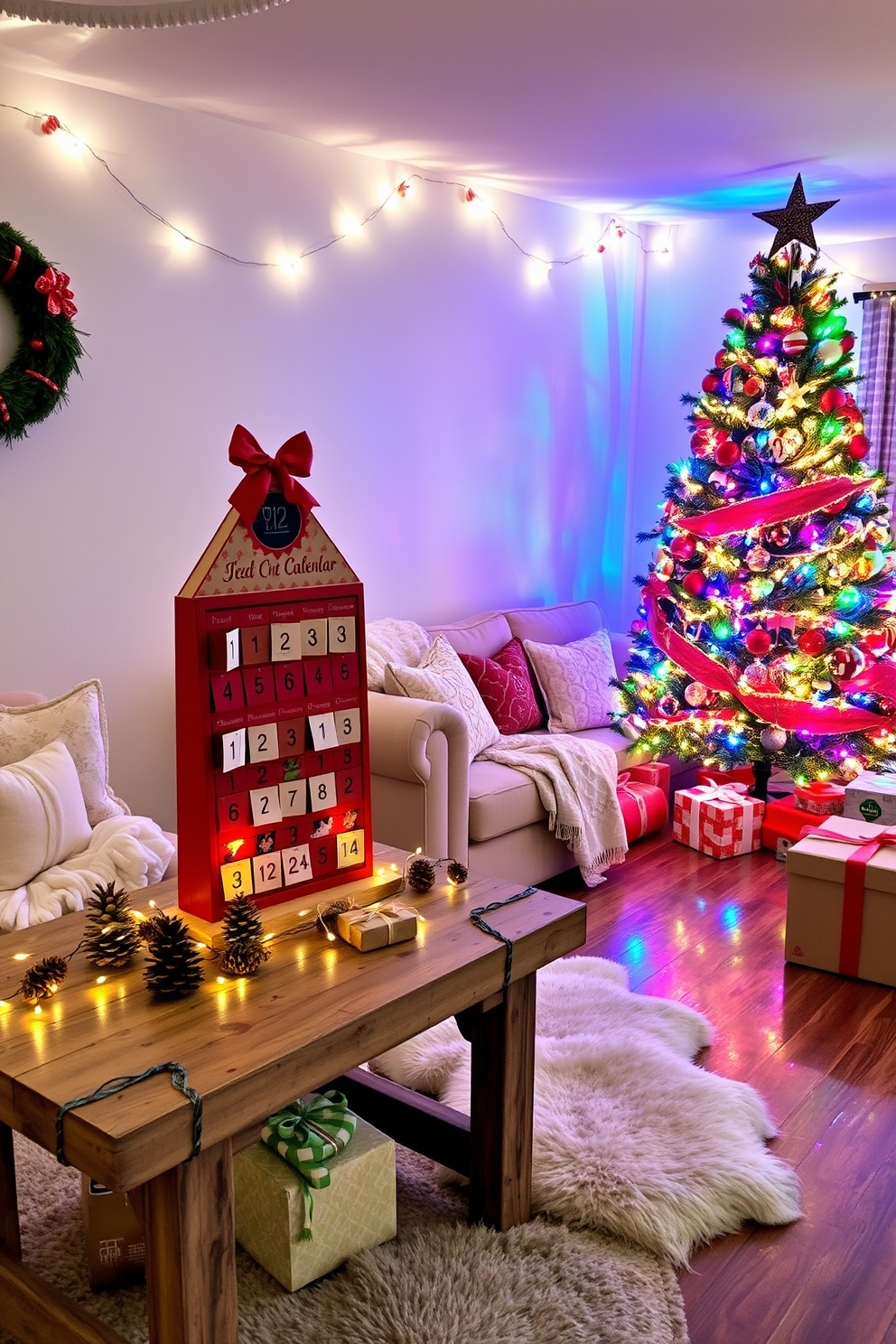 A festive advent calendar is displayed prominently on a rustic wooden table. Surrounding it are various decorative elements like pinecones, twinkling fairy lights, and small wrapped gifts to enhance the holiday spirit. The basement is transformed into a cozy winter wonderland with vibrant Christmas decorations. Soft blankets and plush pillows are arranged on a sectional sofa, while a beautifully adorned tree stands in the corner, adorned with colorful ornaments and shimmering garlands.