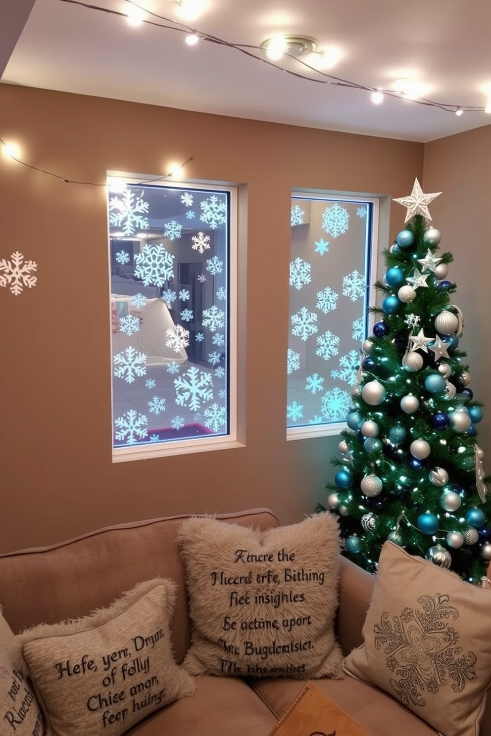 A cozy basement space adorned with snowflake window clings that create a festive atmosphere. The walls are painted in a warm taupe, and soft white fairy lights are strung along the ceiling beams for added charm. A beautifully decorated Christmas tree stands in one corner, adorned with silver and blue ornaments. Plush seating with festive throw pillows invites guests to relax and enjoy the holiday spirit.