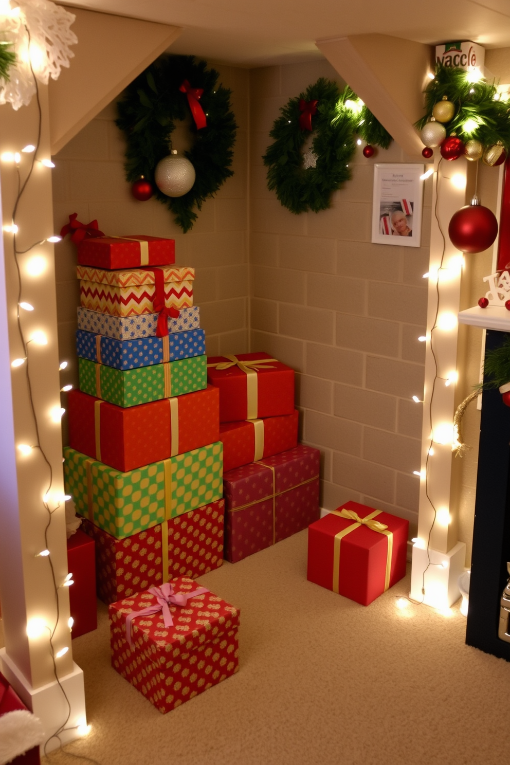 A cozy basement space adorned for Christmas. Colorful gift boxes are stacked decoratively in one corner, surrounded by twinkling fairy lights and festive ornaments.