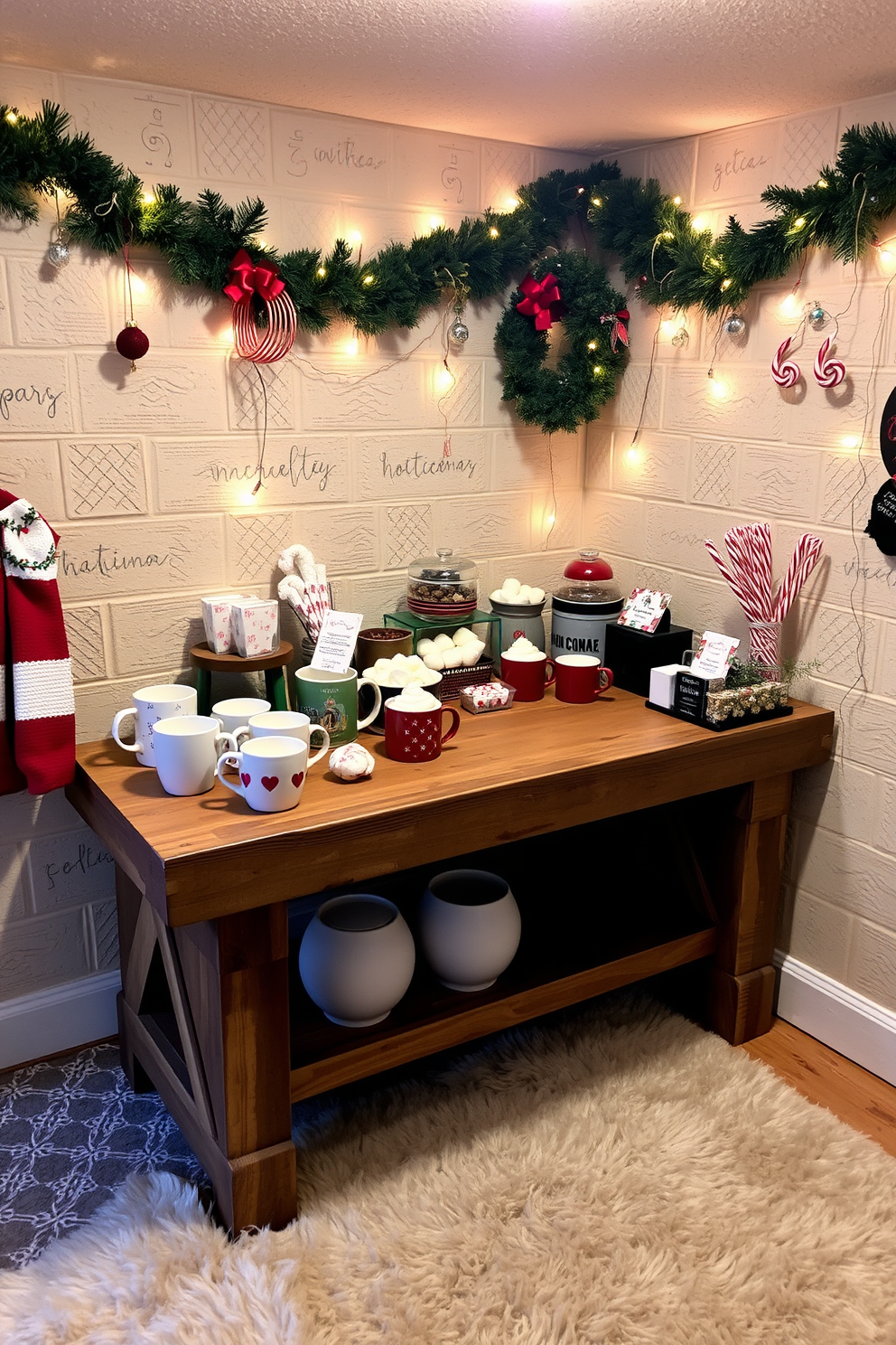A cozy hot cocoa station is set up in the corner of the basement featuring a rustic wooden table. Festive mugs in various colors and patterns are neatly arranged alongside a selection of toppings like marshmallows, whipped cream, and peppermint sticks. The walls are adorned with cheerful holiday decorations, including garlands and twinkling fairy lights. A plush rug covers the floor, providing warmth and comfort as family and friends gather to enjoy their drinks during the Christmas season.