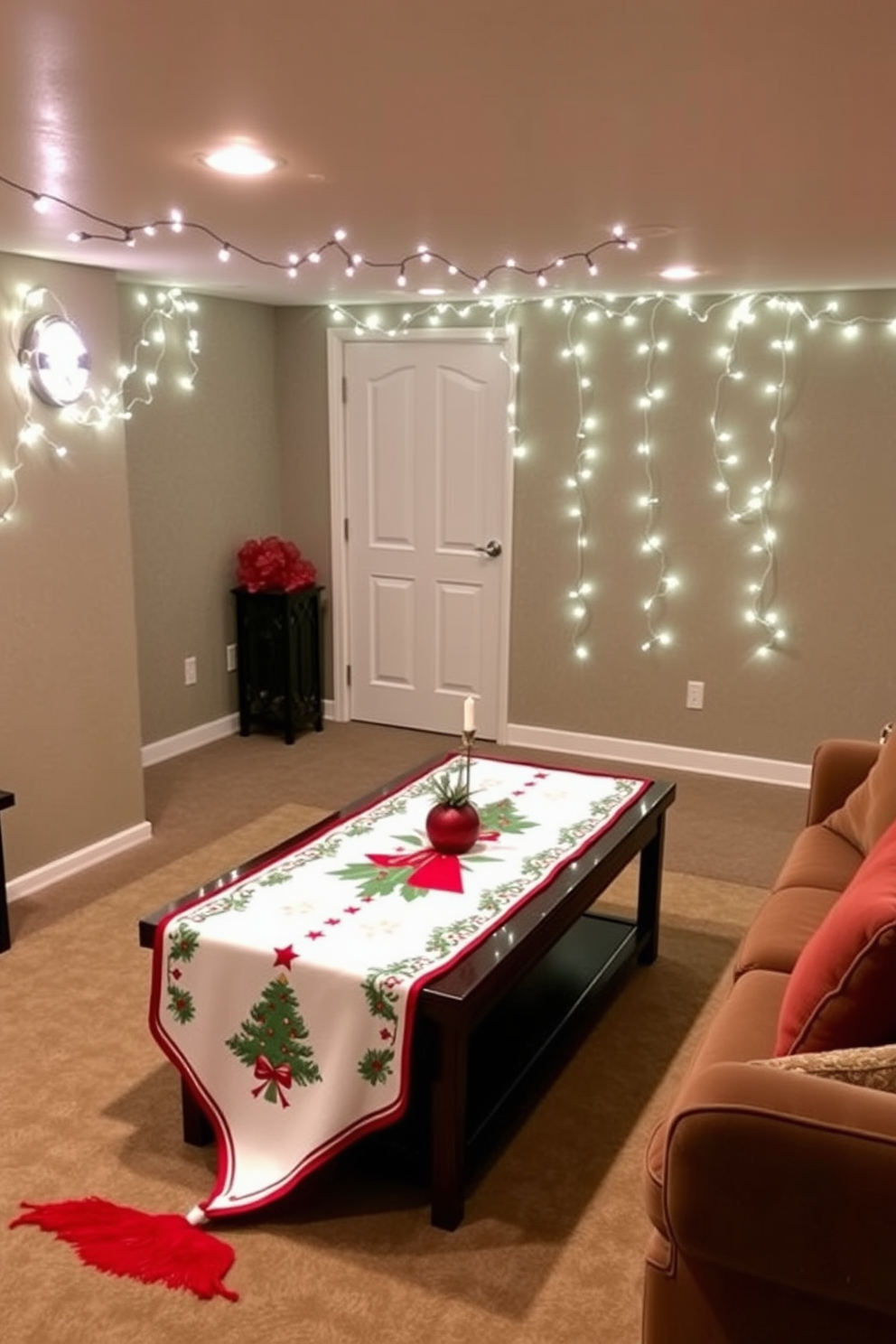 A cozy basement space adorned with a Christmas-themed table runner draped elegantly over a stylish coffee table. The table is surrounded by plush seating, and twinkling fairy lights hang from the ceiling, creating a warm and festive atmosphere.