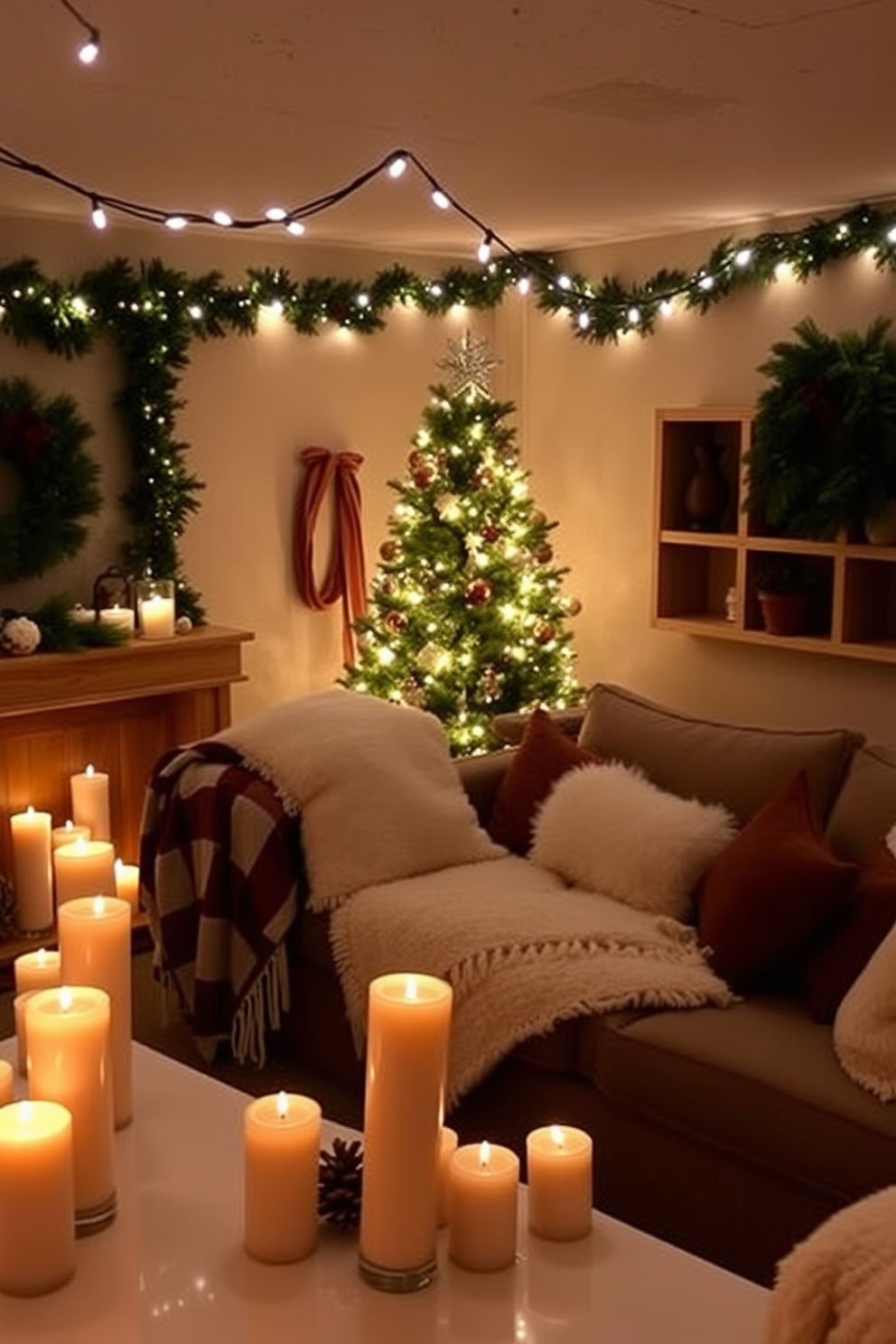 Create a cozy basement setting adorned with festive Christmas decorations. Pine-scented candles are strategically placed throughout the space, enhancing the warm atmosphere with their inviting aroma. String lights twinkle above, casting a soft glow on a beautifully decorated tree in the corner. Plush blankets and pillows are scattered on a comfortable sectional, inviting relaxation and holiday cheer.
