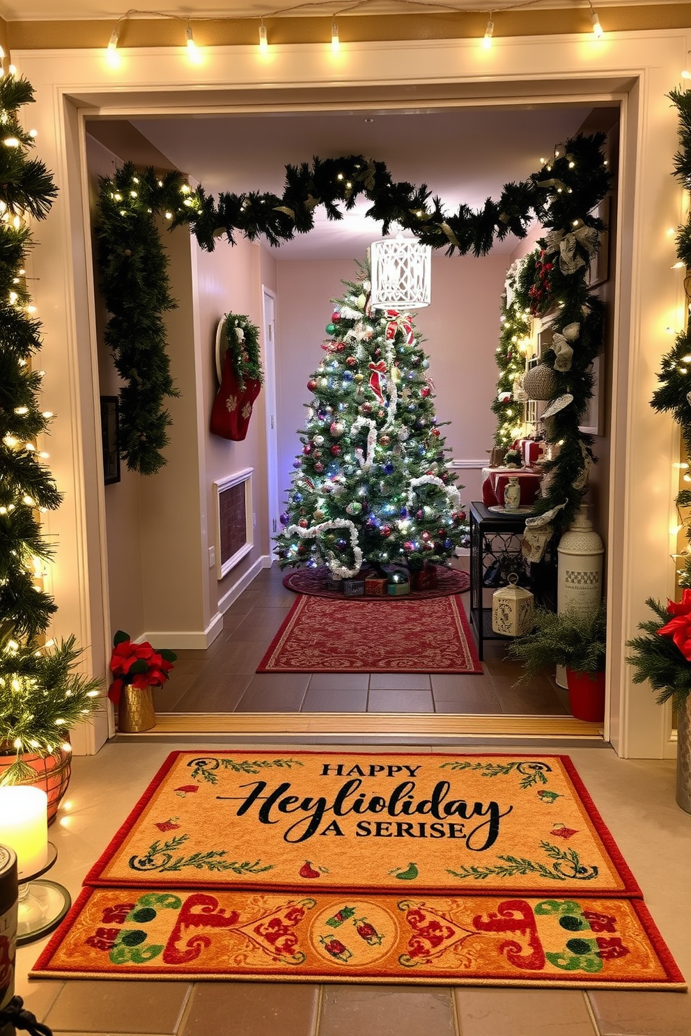 A holiday-themed doormat greets visitors at the entrance, featuring festive colors and cheerful designs that evoke the spirit of the season. Surrounding the doormat, a cozy porch is adorned with twinkling lights and seasonal decorations to create a warm welcome. In the basement, Christmas decorations transform the space into a winter wonderland, with a beautifully adorned tree taking center stage. Festive garlands and ornaments hang from the walls, while soft lighting enhances the inviting atmosphere for holiday gatherings.