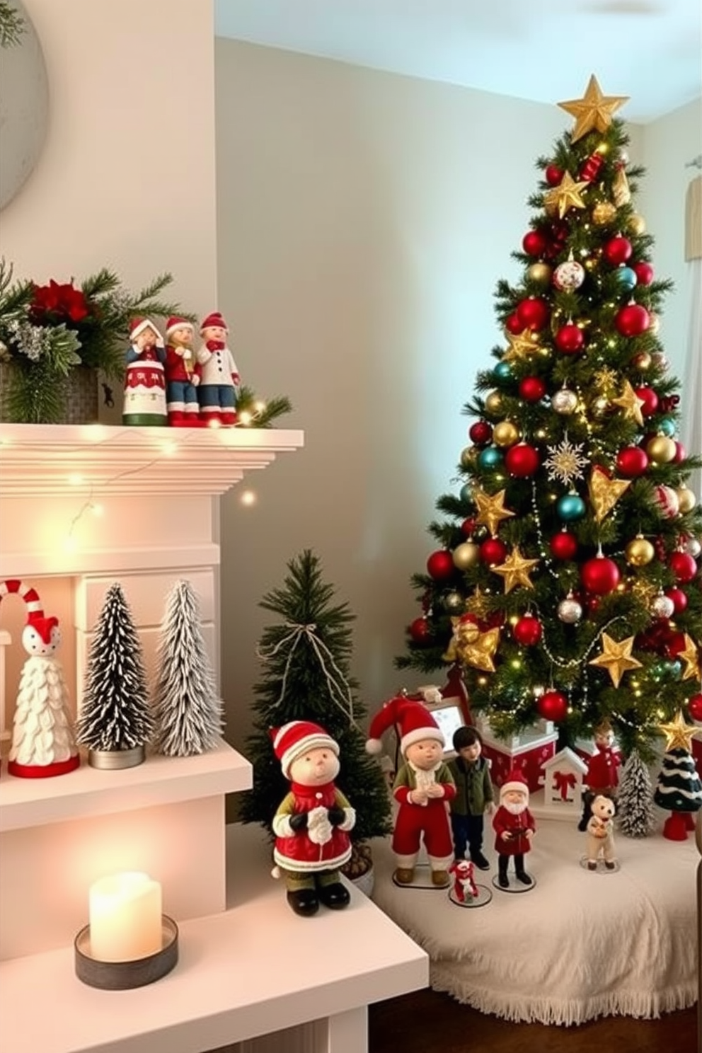 Seasonal figurines are arranged on a beautifully decorated mantel, featuring a mix of festive colors and textures. The warm glow of string lights enhances the charm of the figurines, creating a cozy holiday atmosphere. In the basement, a whimsical Christmas scene unfolds with carefully curated decorations. A large tree adorned with colorful ornaments stands proudly, surrounded by playful figurines that evoke the spirit of the season.