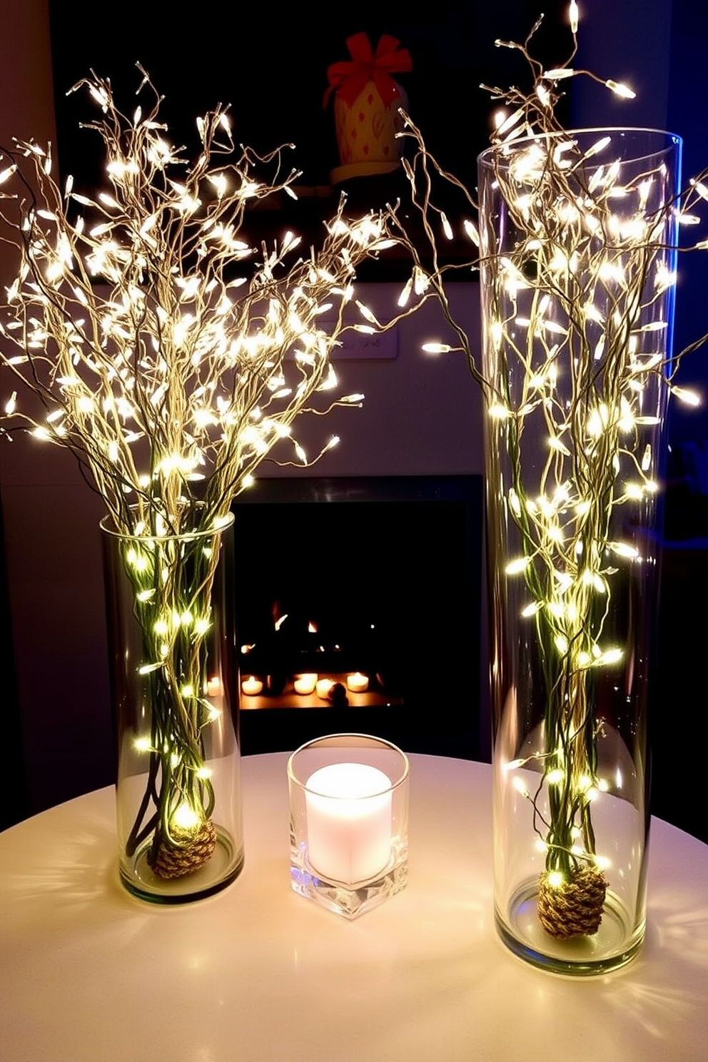Create a cozy basement space decorated for Christmas. Twinkling fairy lights are elegantly arranged inside glass vases, casting a warm glow throughout the room.