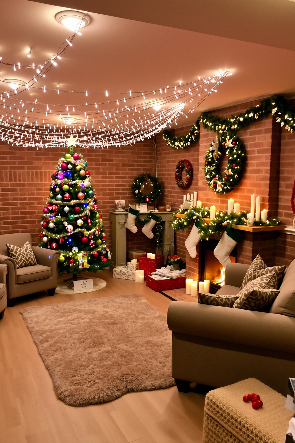 A cozy basement decorated for Christmas. Twinkling fairy lights drape across the ceiling, and a large, decorated tree stands in the corner, adorned with colorful ornaments and a star on top. A plush area rug lies on the floor, surrounded by comfortable seating with festive throw pillows. Stockings are hung by the fireplace, which is adorned with garlands and candles for a warm glow.