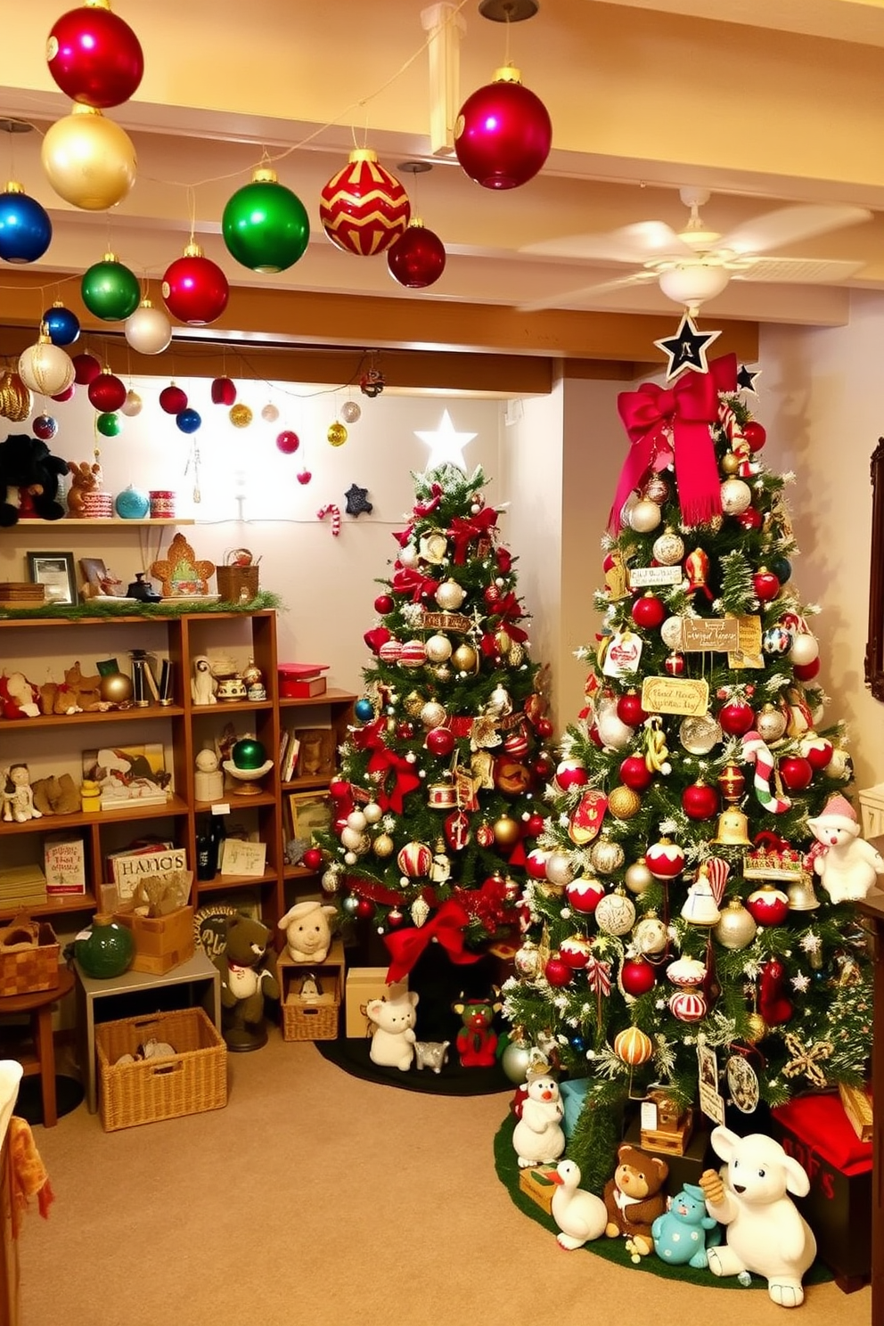 A cozy basement space transformed for Christmas with creative ornament displays. Colorful ornaments hang from exposed beams and are artfully arranged on shelves, creating a festive atmosphere. A large, decorated tree stands in one corner, adorned with unique ornaments that reflect personal stories. Surrounding the tree, a collection of whimsical decorations adds charm to the space, inviting warmth and holiday cheer.