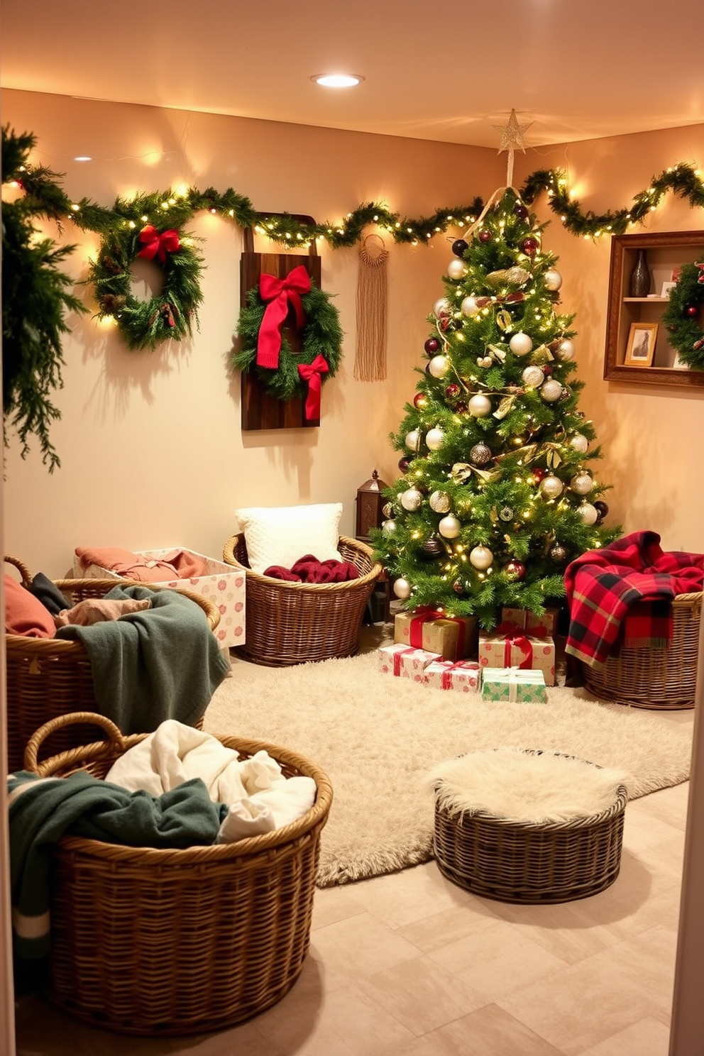 A cozy basement space designed for holiday gatherings. Woven baskets are strategically placed around the room, filled with soft, colorful blankets to keep guests warm during chilly winter nights. The walls are adorned with festive decorations, including string lights and garlands. A large Christmas tree stands in the corner, surrounded by wrapped gifts and a plush area rug that adds warmth to the floor.