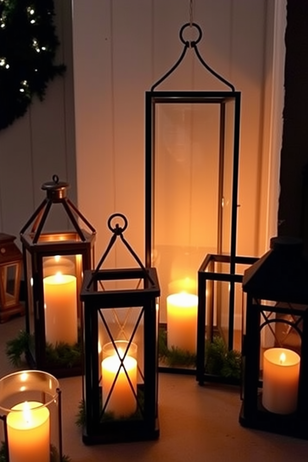 Decorative lanterns with candles inside create a warm and inviting atmosphere in a basement. The soft glow of the candles enhances the festive spirit, making the space feel cozy and welcoming for holiday gatherings.