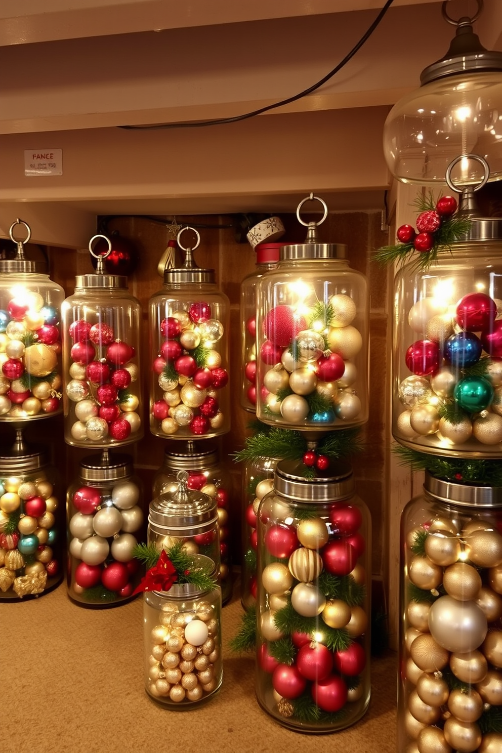 A cozy basement space adorned with vintage ornaments displayed in elegant glass jars. The jars are filled with an assortment of colorful baubles, twinkling lights, and festive greenery, creating a warm and inviting holiday atmosphere.