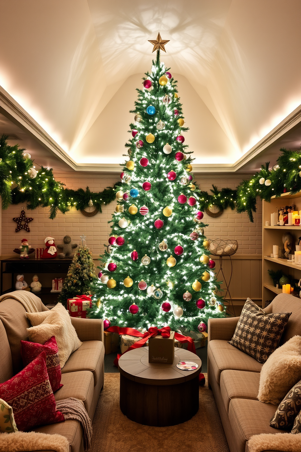 A large Christmas tree stands majestically in the center of the basement, adorned with twinkling white lights and colorful ornaments. Surrounding the tree are cozy seating arrangements with plush blankets and festive cushions, creating an inviting atmosphere for family gatherings. The walls are draped with garlands of pine and twinkling fairy lights, enhancing the holiday spirit. A collection of decorative holiday figurines and candles adorns the shelves, adding warmth and charm to the festive decor.