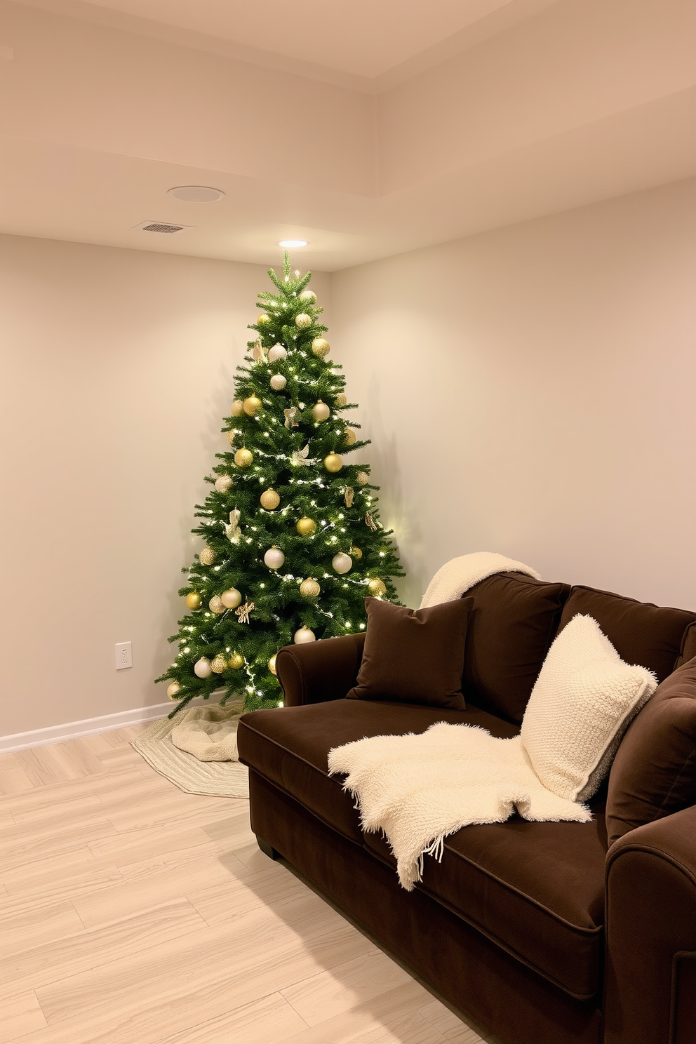 A cozy basement space decorated for Christmas. The walls are painted in soft beige, and the floor features light wood planks, creating a warm atmosphere with a neutral color palette. A large evergreen tree adorned with white lights and natural ornaments stands in the corner. Plush cream-colored blankets and pillows are scattered on a deep brown sectional sofa, inviting relaxation during the holiday season.
