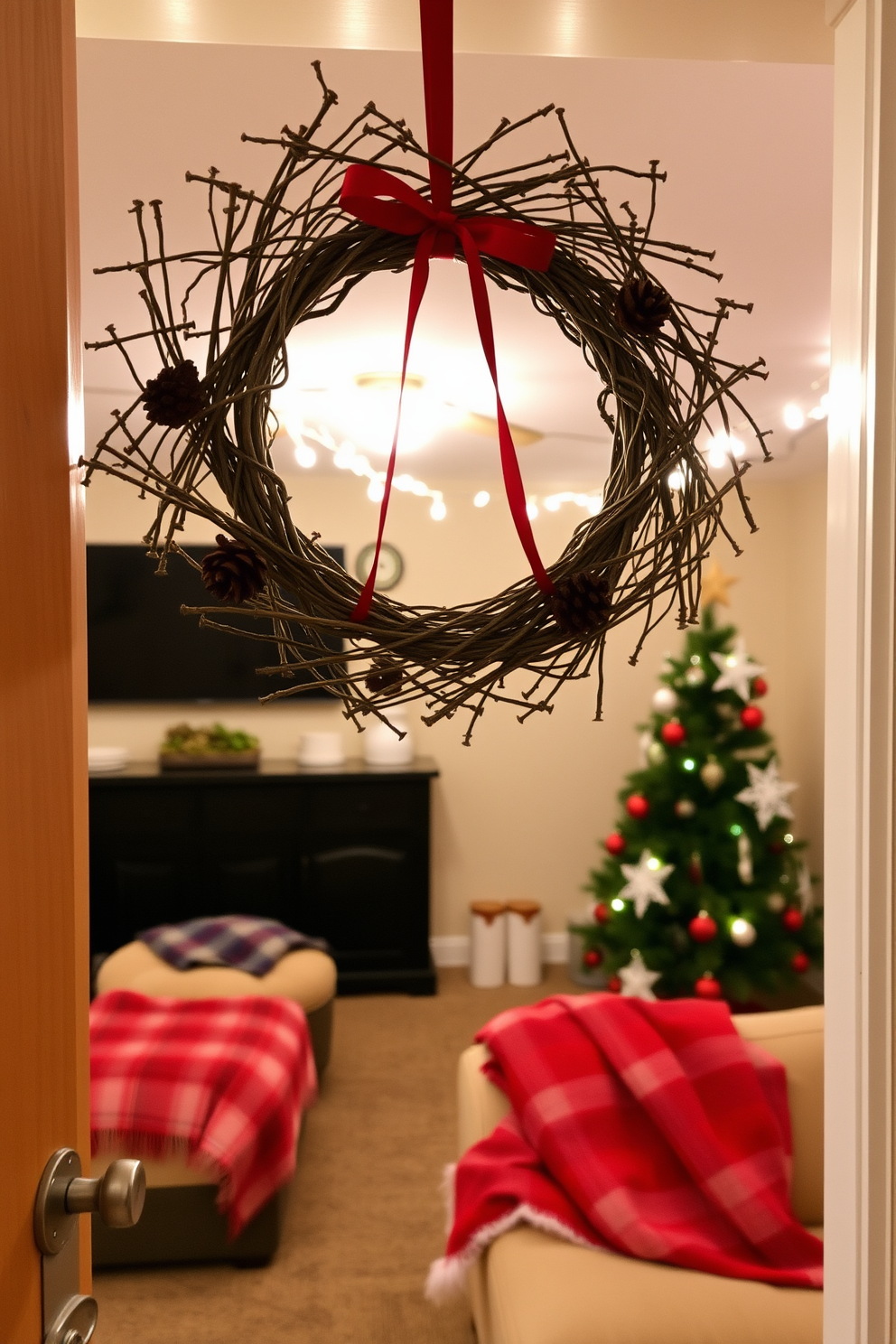 A charming DIY wreath crafted from natural pinecones and twigs hangs on the door, showcasing the beauty of rustic holiday decor. The wreath is adorned with a simple red ribbon, adding a festive touch to the warm, inviting atmosphere of the basement. The basement is transformed into a cozy Christmas retreat, with twinkling string lights draped across the ceiling and soft blankets scattered on the seating. A small tree decorated with handmade ornaments stands in the corner, completing the festive vibe of this charming space.