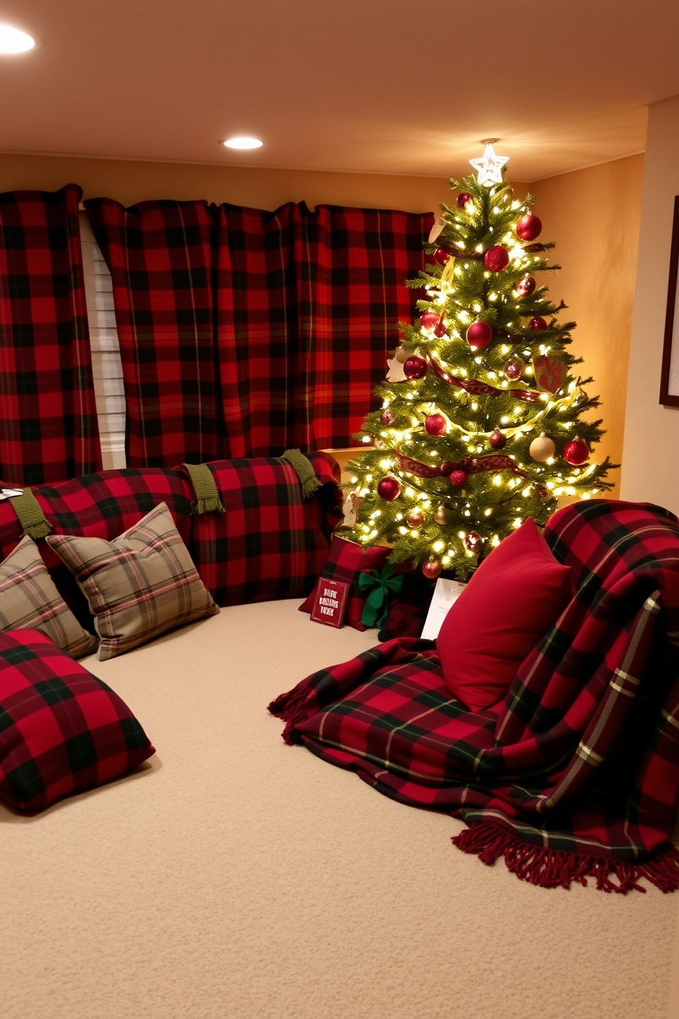 A cozy basement space adorned with plaid blankets and pillows in rich reds and greens. The decor features a beautifully decorated Christmas tree in the corner, twinkling with warm white lights and colorful ornaments.