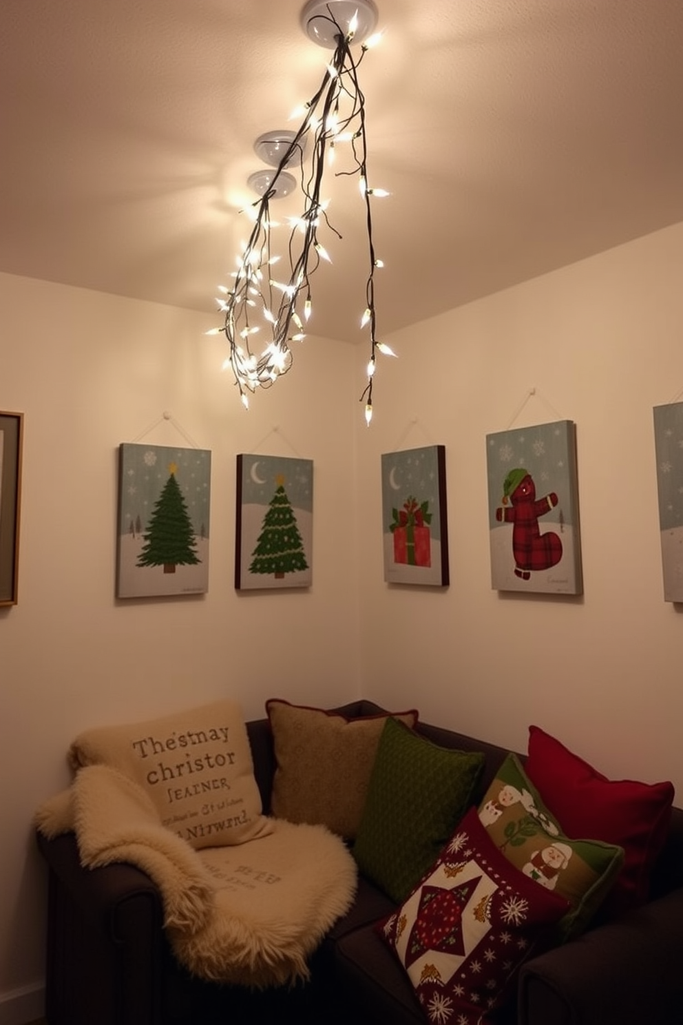 Christmas-themed artwork hung on the walls creates a festive atmosphere in the basement. Twinkling string lights drape across the ceiling, illuminating a cozy seating area with plush blankets and holiday cushions.