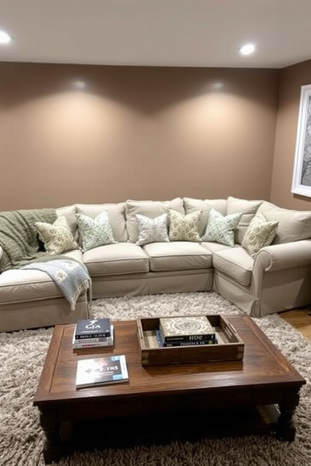 A cozy sectional sofa with oversized cushions is positioned in the center of the basement family room. Soft throw blankets and a mix of decorative pillows add warmth and comfort to the seating area. The walls are painted in a warm taupe color, creating an inviting atmosphere. A plush area rug anchors the space, while a wooden coffee table sits in front of the sectional, adorned with books and a decorative tray.