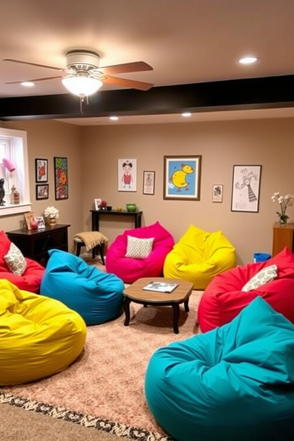 Colorful bean bags in vibrant hues are scattered throughout a cozy basement family room, providing a relaxed and inviting atmosphere. The walls are adorned with playful artwork, and a soft area rug anchors the seating area, creating a perfect spot for family gatherings and entertainment.