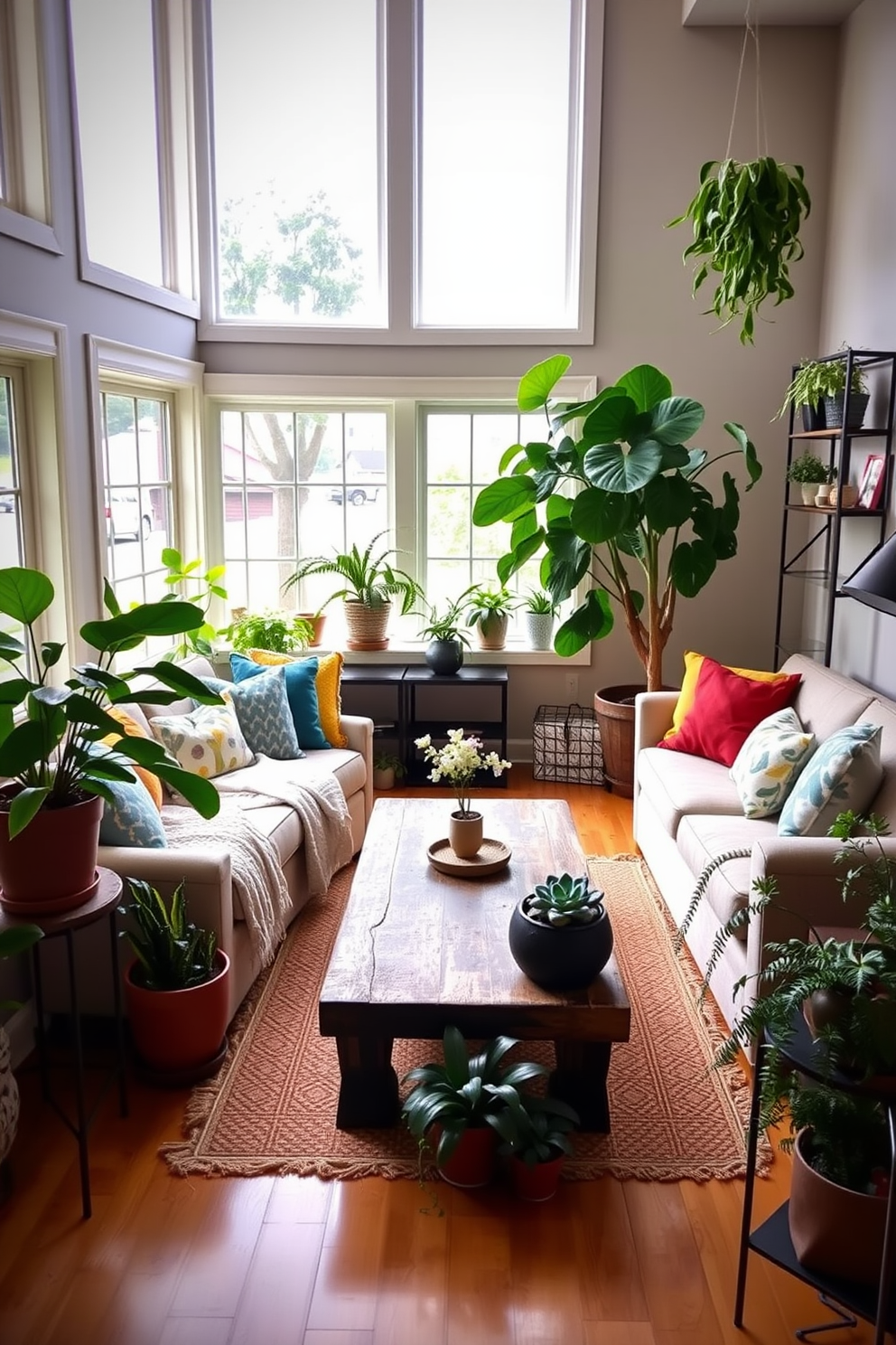 A cozy basement family room filled with natural light from large windows. The space features a comfortable sectional sofa adorned with colorful throw pillows and a reclaimed wood coffee table at the center. Lush indoor plants are strategically placed around the room to create a fresh atmosphere. A large fiddle leaf fig stands in the corner, while smaller succulents and ferns are arranged on shelves and side tables.