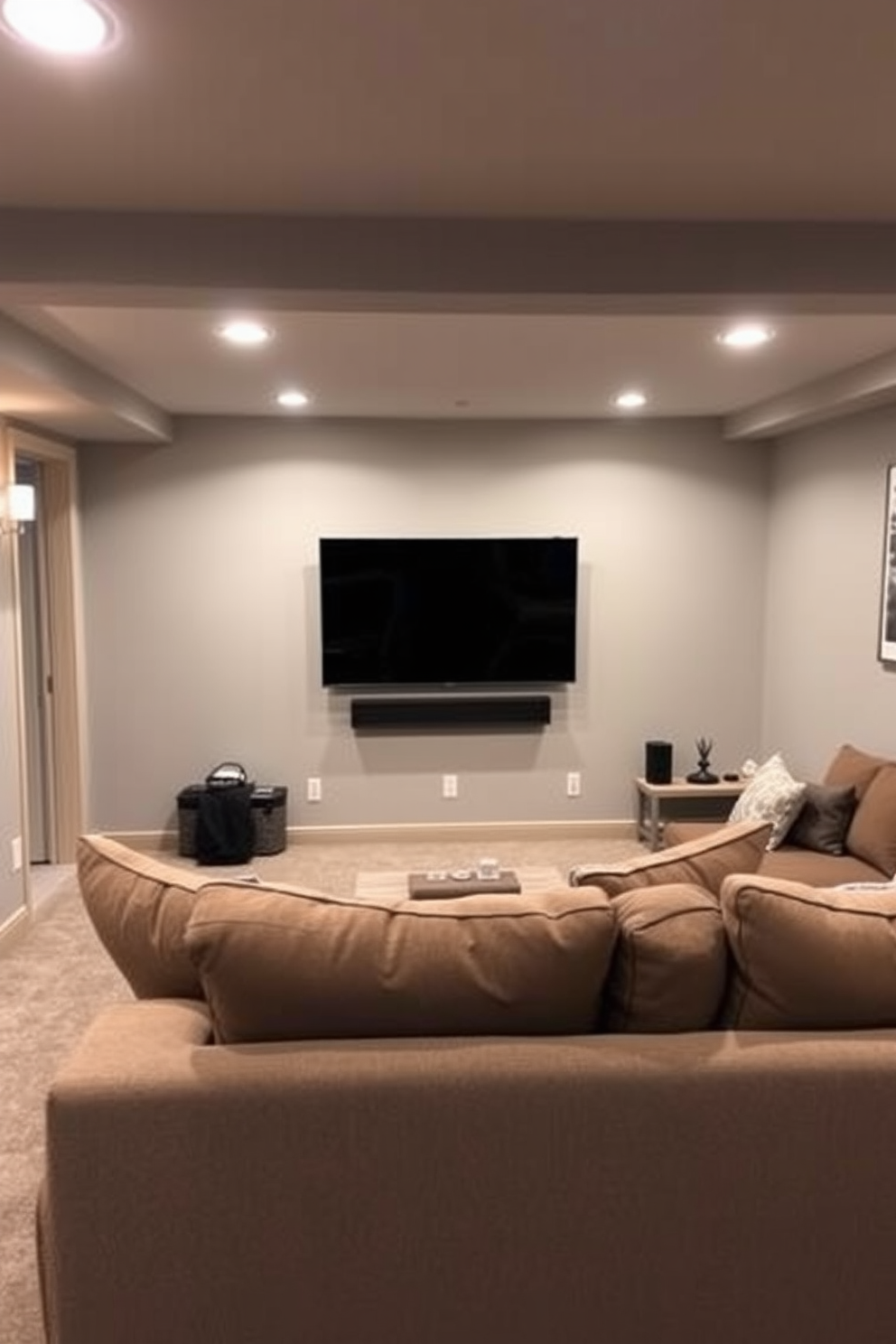 A cozy basement family room featuring a wall-mounted TV positioned for optimal viewing. The space includes a plush sectional sofa facing the screen, with soft lighting creating a warm and inviting atmosphere.