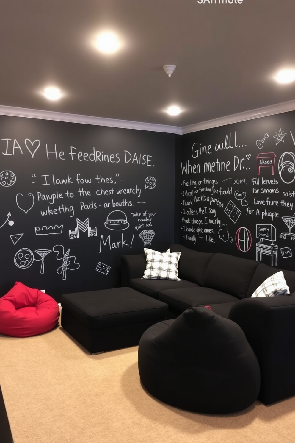 A playful chalkboard wall fills one side of the basement family room, inviting creativity and interaction for both kids and adults. Cozy seating arrangements, including a sectional sofa and bean bags, create a welcoming atmosphere for family gatherings and game nights.