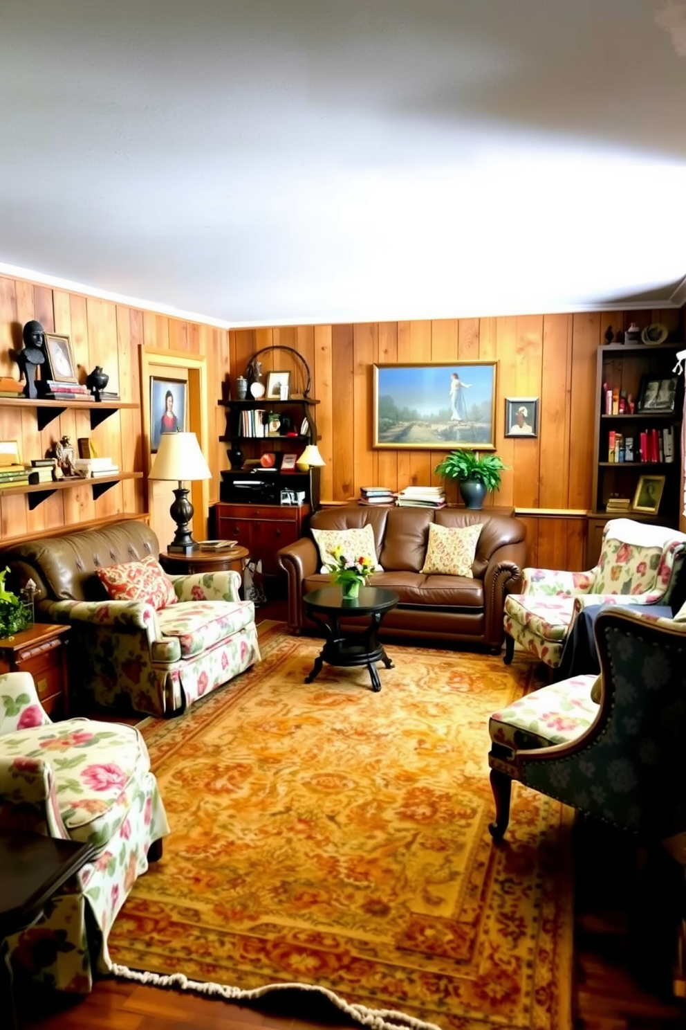 A cozy basement family room featuring vintage decor elements. The space is adorned with a weathered leather sofa, complemented by a collection of mismatched armchairs in floral patterns. The walls are lined with rustic wood paneling, and a large, antique rug anchors the seating area. Shelves filled with vintage books and decorative trinkets add character, while soft lighting creates a warm and inviting atmosphere.