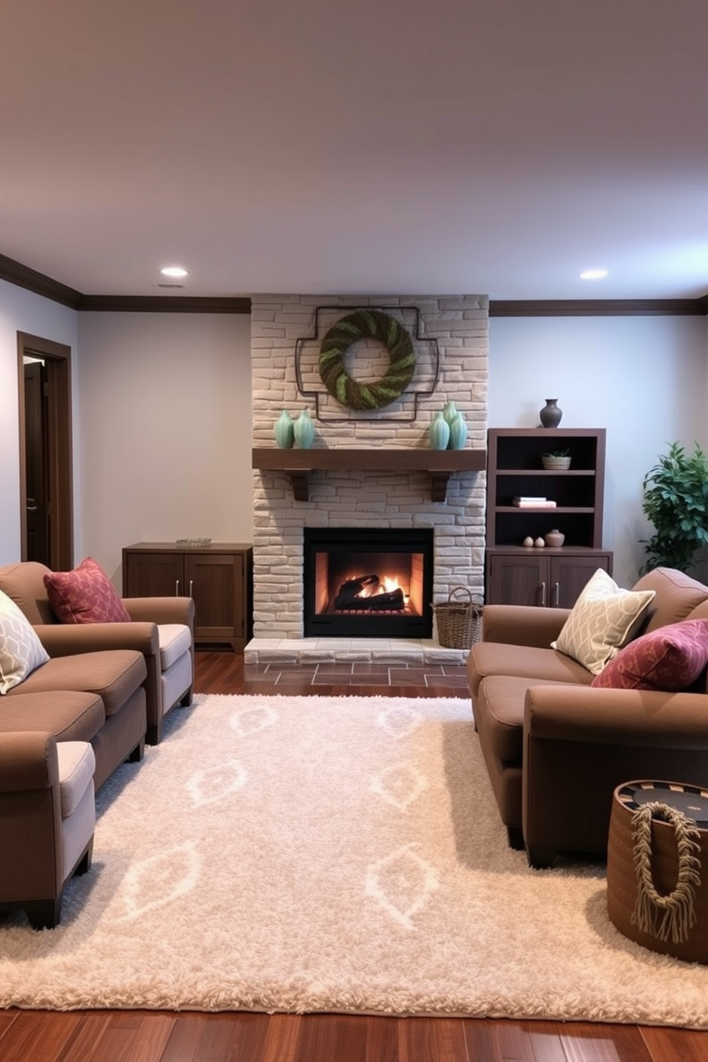 A cozy fireplace serves as the focal point of a warm and inviting basement family room. The space is adorned with plush seating arrangements, a soft area rug, and ambient lighting to create a perfect atmosphere for winter gatherings.