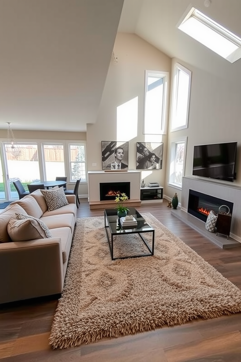 A spacious basement family room designed for comfort and relaxation. The layout features an open concept with a large sectional sofa facing a modern fireplace, creating a cozy gathering space for family and friends. Natural light floods the room through oversized windows, enhancing the airy feel of the space. A stylish coffee table sits in the center, surrounded by plush area rugs that add warmth and texture to the design.