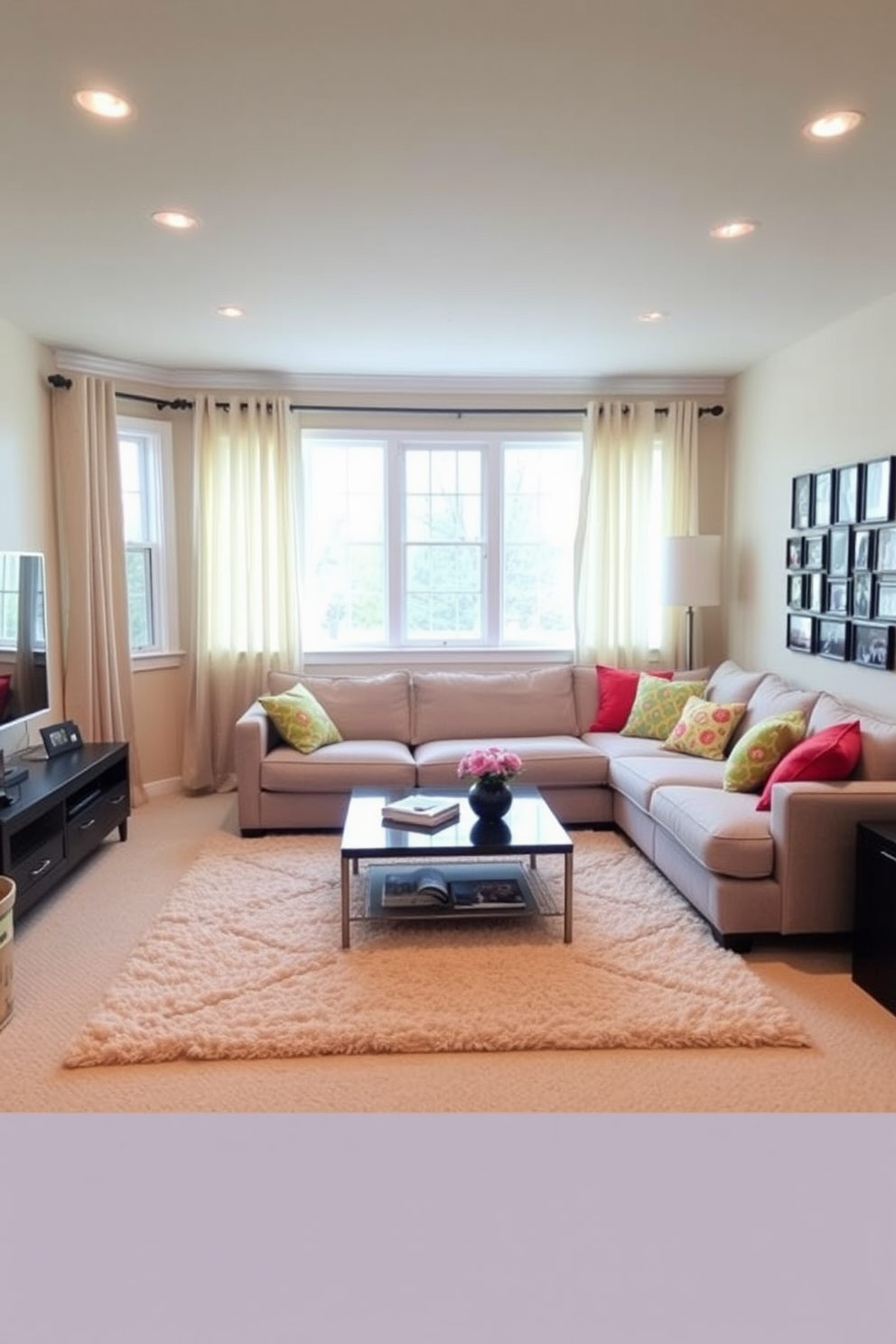 Bright curtains frame the large windows in the basement family room, allowing natural light to flood the space and create an inviting atmosphere. The room features a cozy sectional sofa in soft gray, complemented by colorful throw pillows that add warmth and personality. A sleek coffee table sits in the center, surrounded by a plush area rug that enhances the comfort of the room. The walls are painted a light beige, while a gallery of family photos adds a personal touch to the decor.