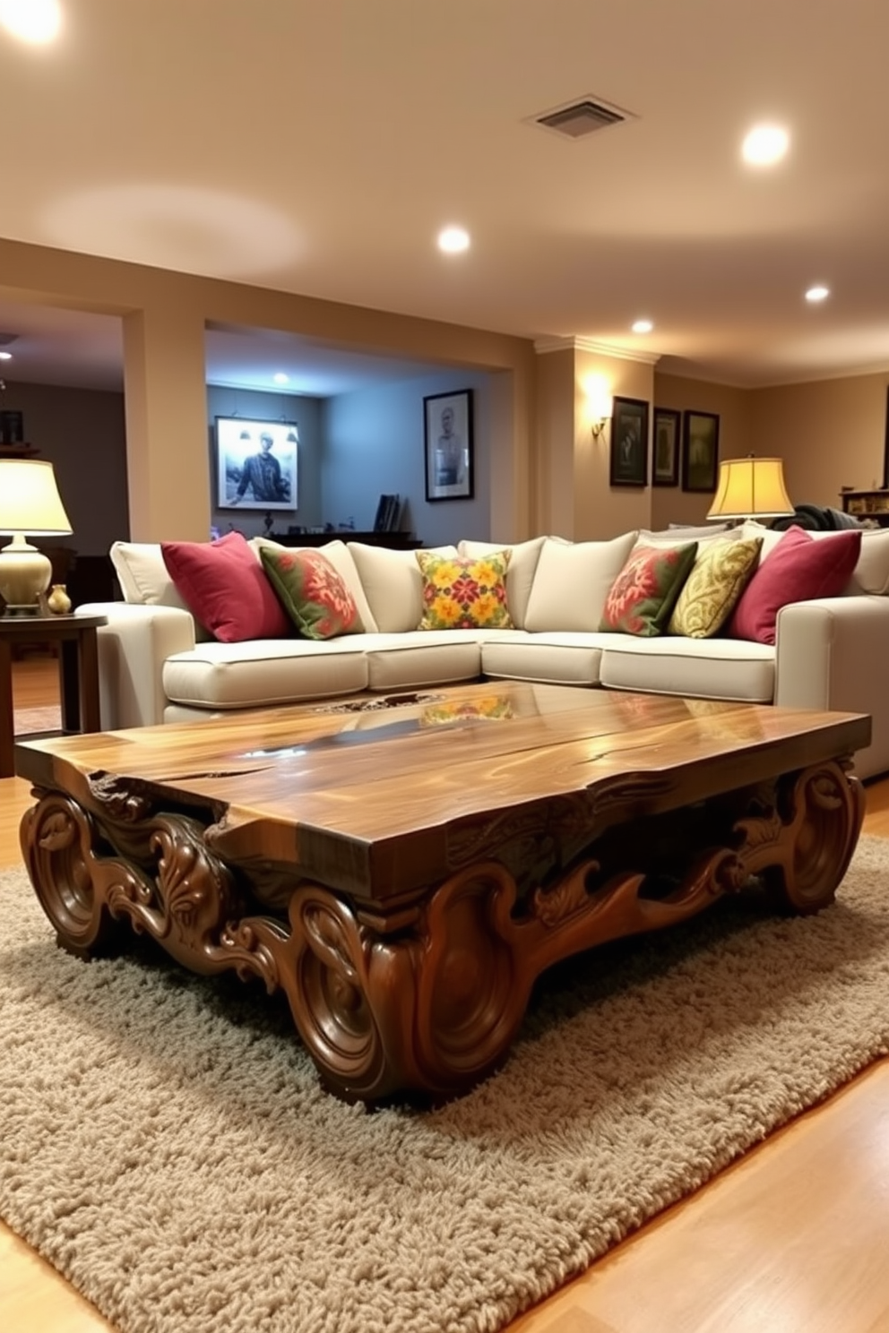 Artisan coffee table made of reclaimed wood with intricate carvings and a glass top. The coffee table is surrounded by a cozy sectional sofa upholstered in a soft, neutral fabric, with colorful throw pillows adding a pop of color. The basement family room features warm ambient lighting from stylish floor lamps and recessed ceiling lights. A plush area rug anchors the seating area, creating a welcoming space for family gatherings and relaxation.