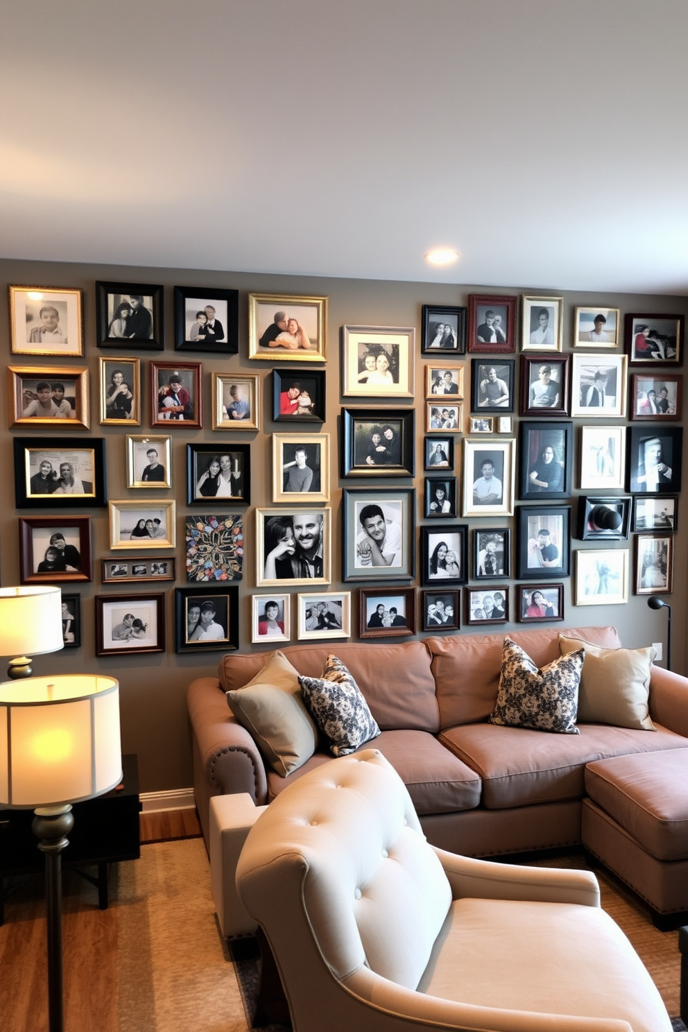 A personalized gallery wall filled with family photos in a cozy basement family room. The wall features an eclectic mix of frames in various sizes and colors, showcasing cherished memories and moments together. The room is designed with comfortable seating, including a plush sectional sofa and a couple of accent chairs. Soft lighting from stylish floor lamps creates a warm and inviting atmosphere, perfect for family gatherings and relaxation.