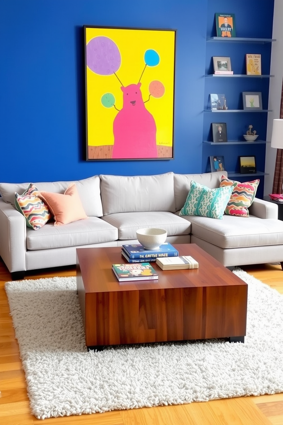 Bright accent wall with playful art. The room features a cozy sectional sofa in a soft gray fabric, complemented by colorful throw pillows that match the artwork. A large coffee table sits at the center, adorned with a few art books and a decorative bowl. The flooring is a warm wood, and a plush area rug adds texture and comfort underfoot.