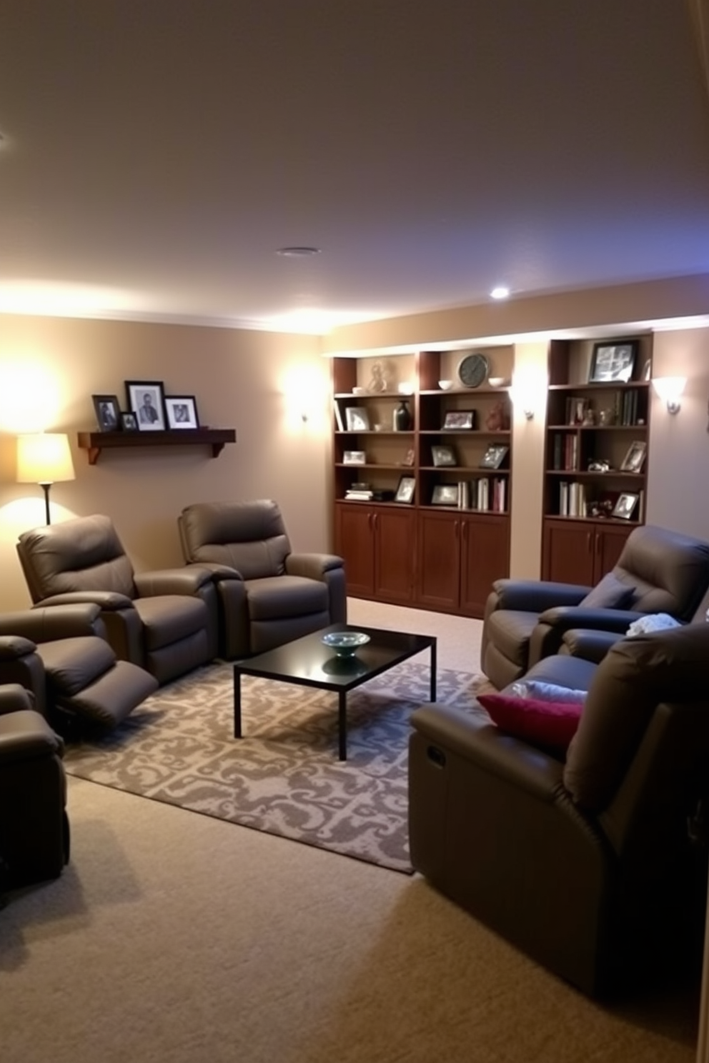 Comfortable recliners are arranged in a cozy basement family room, creating an inviting space for relaxation. The walls are painted in a warm beige tone, and soft ambient lighting enhances the comfortable atmosphere. A large area rug anchors the seating area, while a sleek coffee table sits at the center for convenience. Decorated shelves line the walls, showcasing family photos and books, adding a personal touch to the design.
