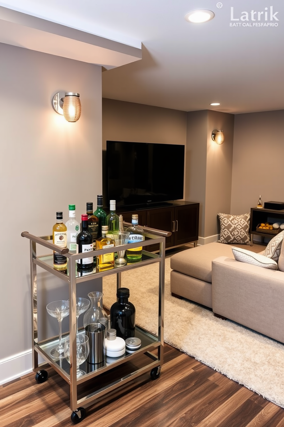 A stylish bar cart is elegantly displayed in the corner of the basement family room. It features a sleek metallic frame with glass shelves holding an assortment of premium spirits and glassware. The family room is designed for comfort and entertainment with a plush sectional sofa and a large flat-screen television. Warm lighting fixtures create an inviting atmosphere, complemented by a cozy area rug and decorative throw pillows.