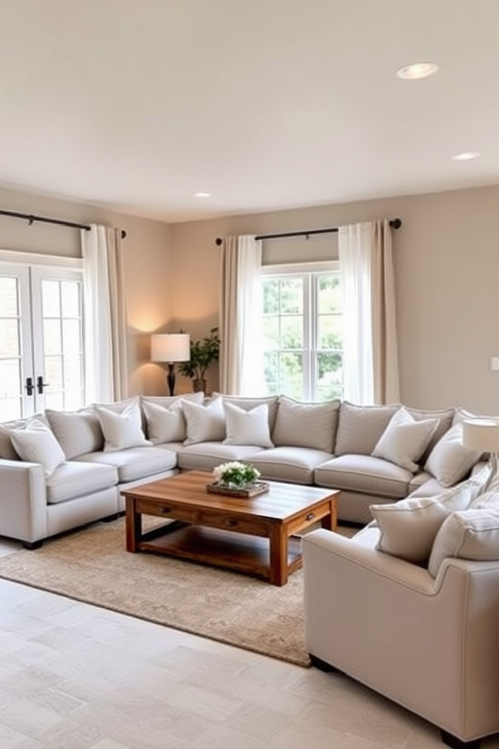 A cozy basement family room featuring a neutral color palette that promotes calming vibes. Soft beige walls are complemented by a plush light gray sectional sofa adorned with cream-colored throw pillows. Natural light filters in through large windows dressed with sheer white curtains, enhancing the serene atmosphere. A warm wooden coffee table sits at the center, surrounded by a textured area rug in soft tones.