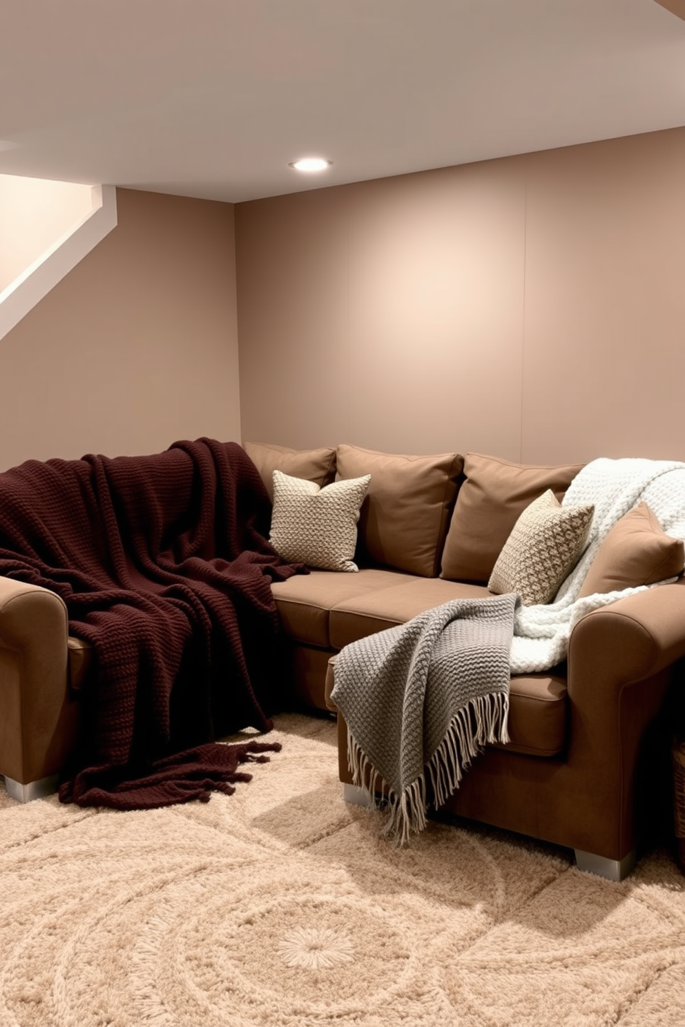 A cozy basement family room filled with textured throw blankets draped over a plush sectional sofa. The walls are painted in a warm taupe color, and the floor features a soft area rug that adds comfort underfoot.