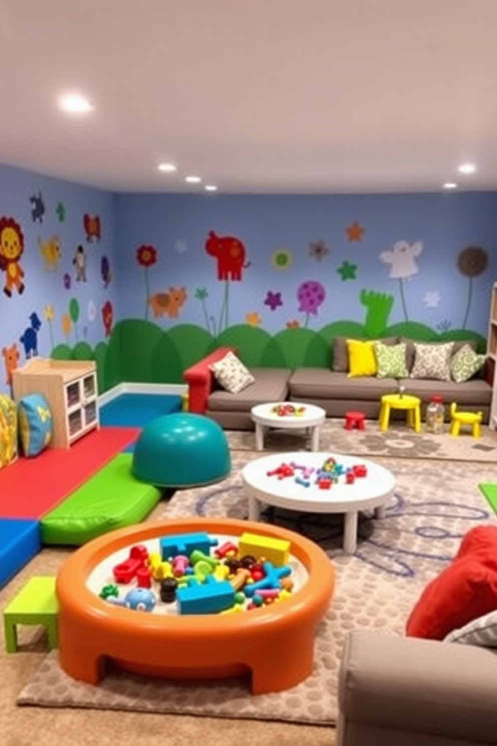 A vibrant kids play zone filled with colorful soft mats and playful furniture. Brightly colored wall decals of animals and shapes create an engaging atmosphere for children. The basement family room features a cozy sectional sofa adorned with cheerful cushions. A large area rug anchors the space, while a low coffee table provides a safe play area for toys and games.